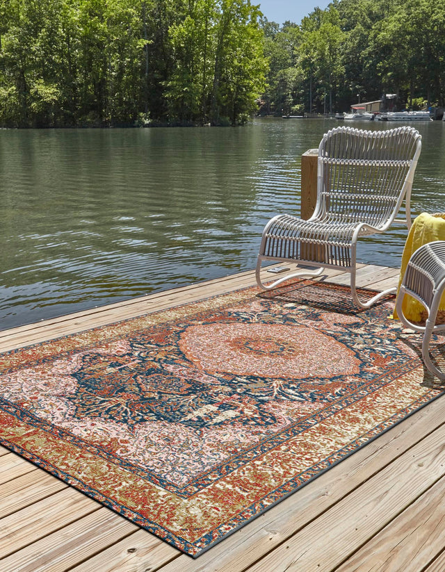 Navy Blue and Light Pink 4' 1 x 6' 1 Outdoor Traditional Rectangle Area Rug Weather Resistant for Patio, Deck, Terrace, Balcony, Porch Classical Design Outside Carpet for Sale at Rug Engine