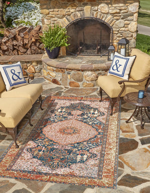 Navy Blue and Light Pink 6' 1 x 9' Outdoor Traditional Rectangle Area Rug Weather Resistant for Patio, Deck, Terrace, Balcony, Porch Classical Design Outside Carpet for Sale at Rug Engine