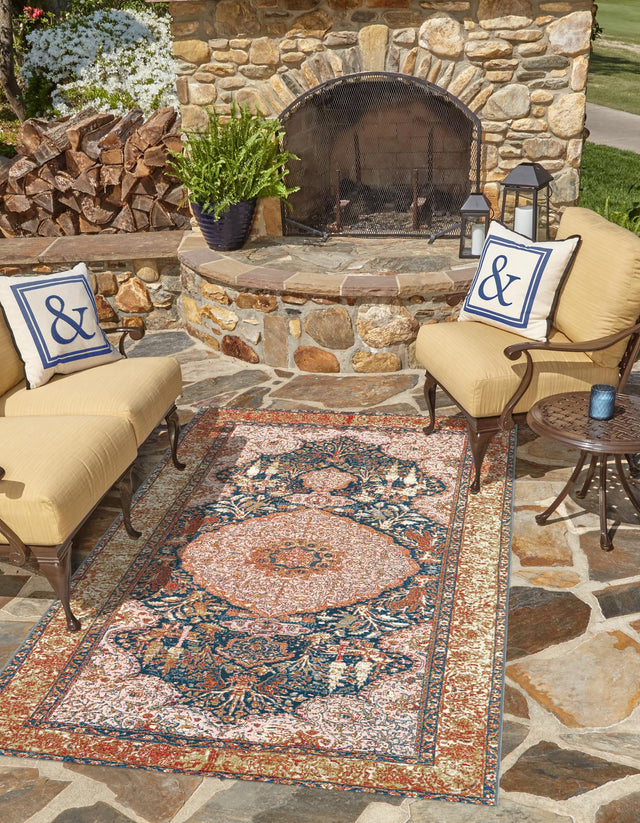 Navy Blue and Light Pink 6' 1 x 9' Outdoor Traditional Rectangle Area Rug Weather Resistant for Patio, Deck, Terrace, Balcony, Porch Classical Design Outside Carpet for Sale at Rug Engine