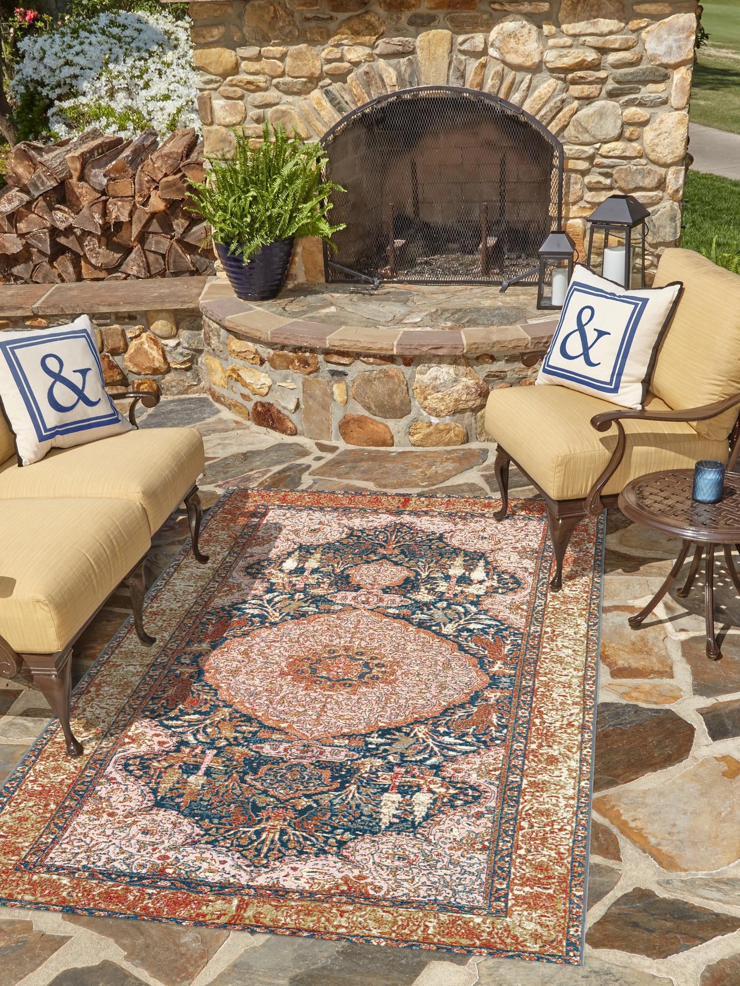 Navy Blue and Light Pink 7' 10 x 10' Outdoor Traditional Rectangle Area Rug Weather Resistant for Patio, Deck, Terrace, Balcony, Porch Classical Design Outside Carpet for Sale at Rug Engine