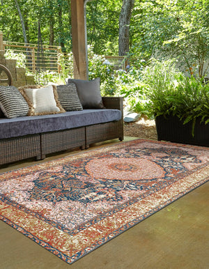 Navy Blue and Light Pink 6' 1 x 9' Outdoor Traditional Rectangle Area Rug Weather Resistant for Patio, Deck, Terrace, Balcony, Porch Classical Design Outside Carpet for Sale at Rug Engine