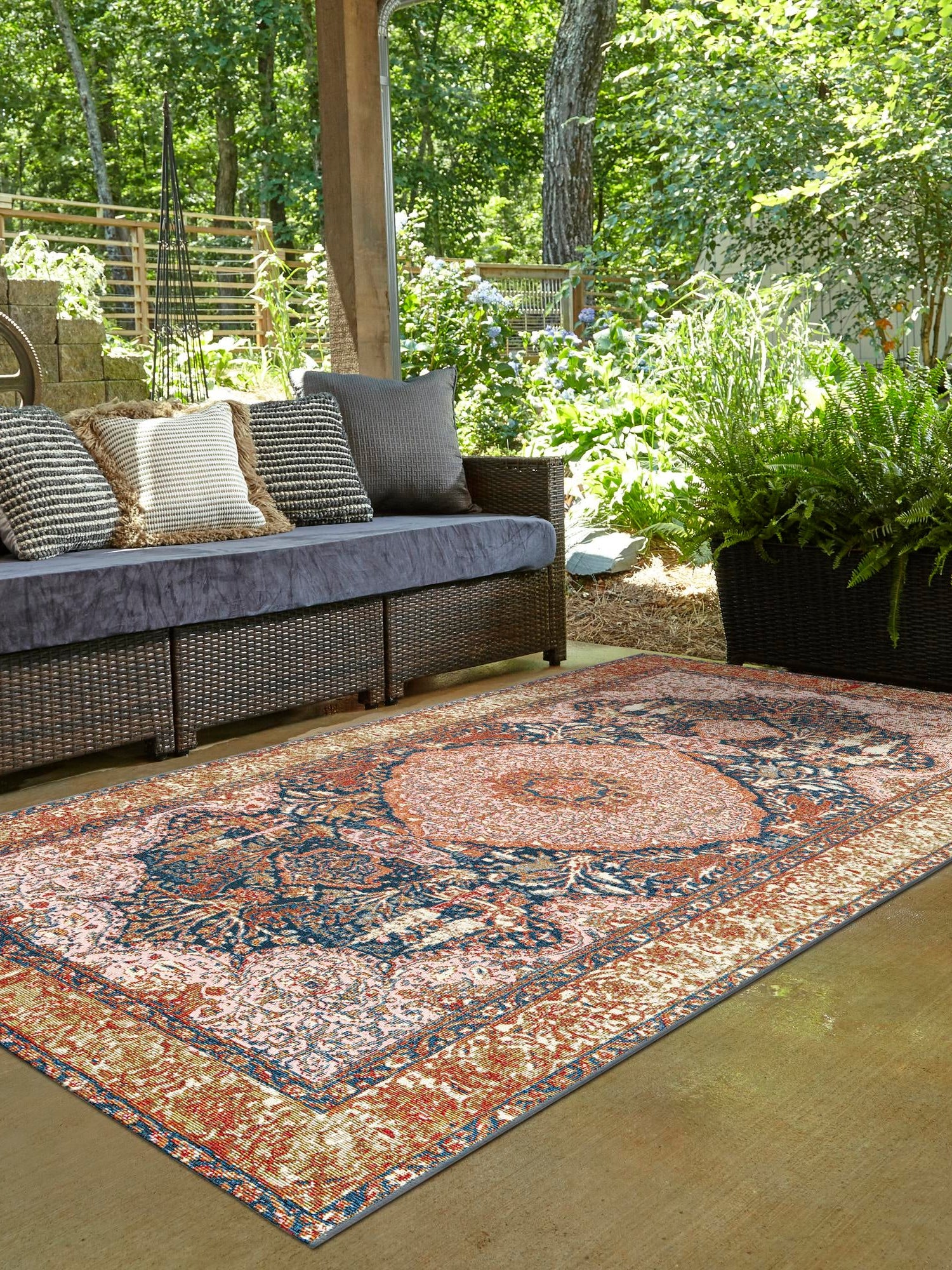 Navy Blue and Light Pink 5' 3 x 8' Outdoor Traditional Rectangle Area Rug Weather Resistant for Patio, Deck, Terrace, Balcony, Porch Classical Design Outside Carpet for Sale at Rug Engine