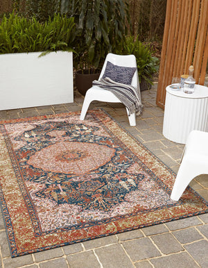 Navy Blue and Light Pink 6' 1 x 9' Outdoor Traditional Rectangle Area Rug Weather Resistant for Patio, Deck, Terrace, Balcony, Porch Classical Design Outside Carpet for Sale at Rug Engine