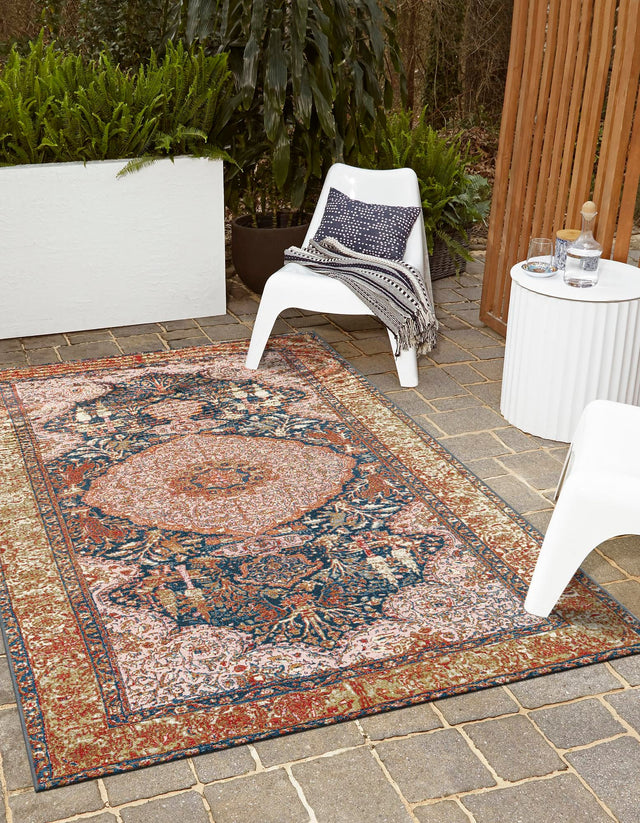 Navy Blue and Light Pink 6' 1 x 9' Outdoor Traditional Rectangle Area Rug Weather Resistant for Patio, Deck, Terrace, Balcony, Porch Classical Design Outside Carpet for Sale at Rug Engine