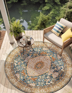 Navy Blue and Light Pink 6' 1 x 6' 1 Outdoor Traditional Round Area Rug Weather Resistant for Patio, Deck, Terrace, Balcony, Porch Classical Design Outside Carpet for Sale at Rug Engine