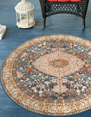 Navy Blue and Light Pink 4' 1 x 4' 1 Outdoor Traditional Round Area Rug Weather Resistant for Patio, Deck, Terrace, Balcony, Porch
