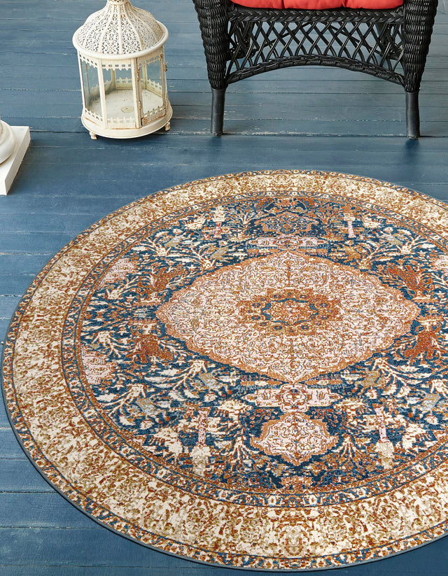 Navy Blue and Light Pink 4' 1 x 4' 1 Outdoor Traditional Round Area Rug Weather Resistant for Patio, Deck, Terrace, Balcony, Porch