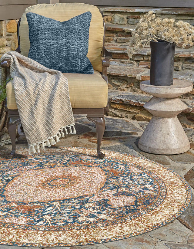 Navy Blue and Light Pink 4' 1 x 4' 1 Outdoor Traditional Round Area Rug Weather Resistant for Patio, Deck, Terrace, Balcony, Porch