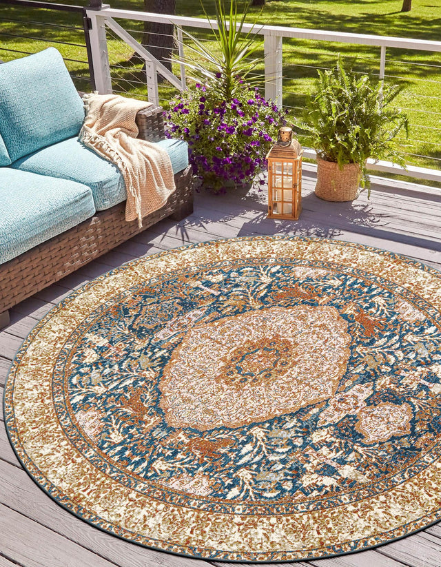 Navy Blue and Light Pink 4' 1 x 4' 1 Outdoor Traditional Round Area Rug Weather Resistant for Patio, Deck, Terrace, Balcony, Porch
