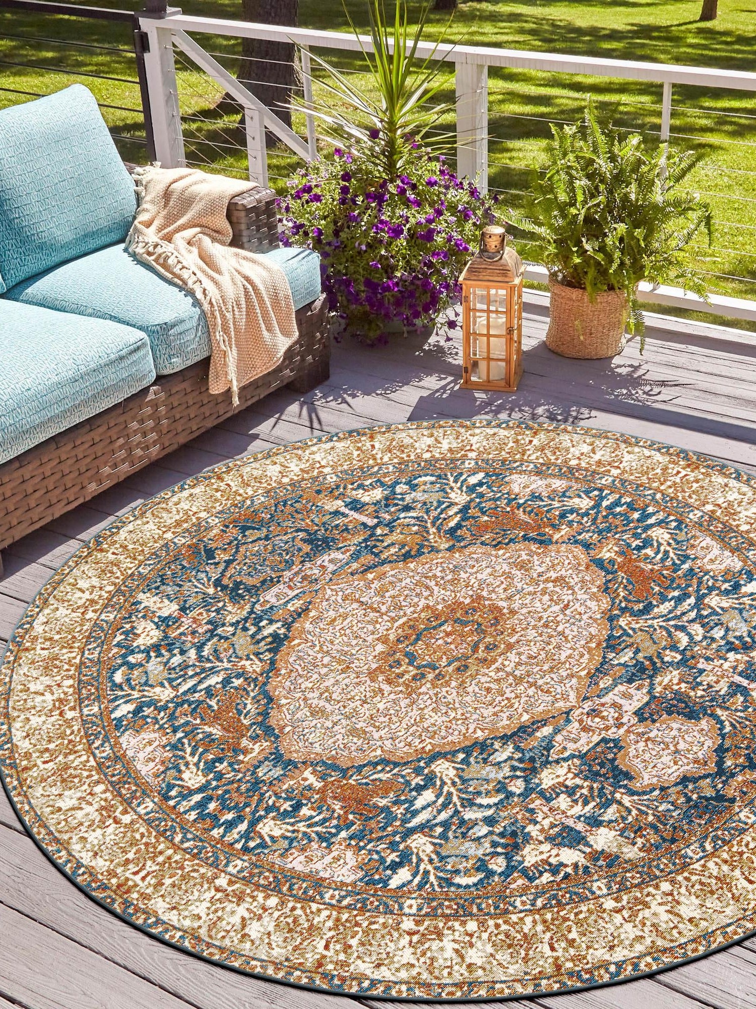 Navy Blue and Light Pink 3' 1 x 3' 1 Outdoor Traditional Round Area Rug Weather Resistant for Patio, Deck, Terrace, Balcony, Porch Classical Design Outside Carpet for Sale at Rug Engine