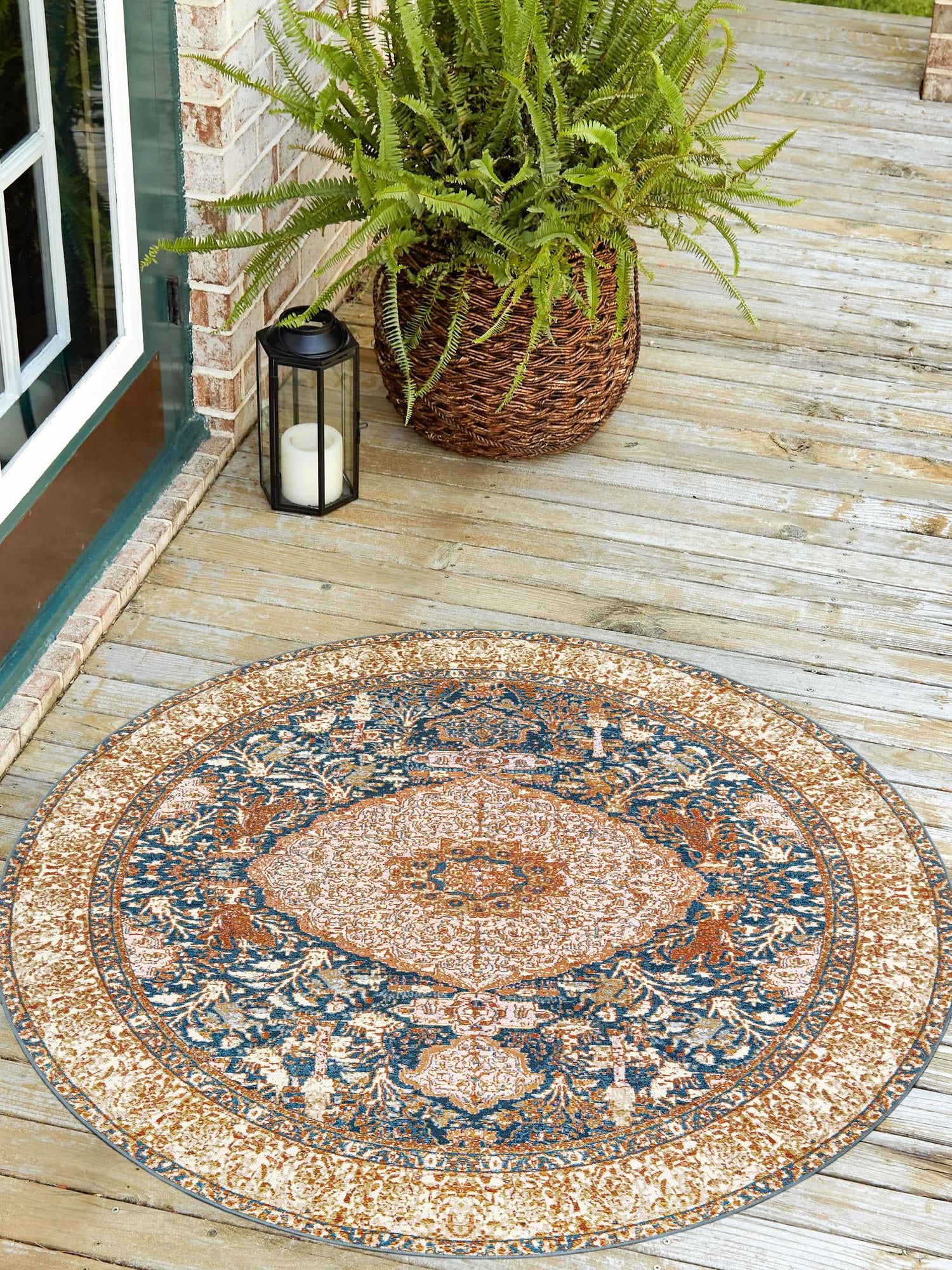 Navy Blue and Light Pink 4' 1 x 4' 1 Outdoor Traditional Round Area Rug Weather Resistant for Patio, Deck, Terrace, Balcony, Porch Classical Design Outside Carpet for Sale at Rug Engine