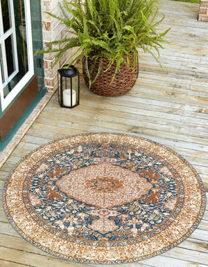 Navy Blue and Light Pink 4' 1 x 4' 1 Outdoor Traditional Round Area Rug Weather Resistant for Patio, Deck, Terrace, Balcony, Porch