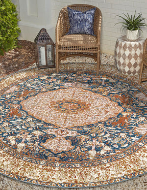 Navy Blue and Light Pink 4' 1 x 4' 1 Outdoor Traditional Round Area Rug Weather Resistant for Patio, Deck, Terrace, Balcony, Porch