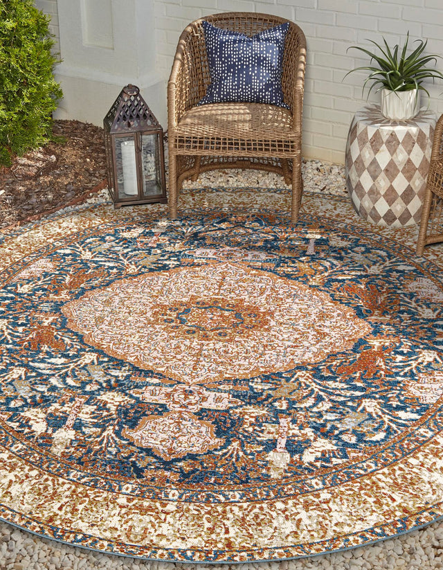 Navy Blue and Light Pink 4' 1 x 4' 1 Outdoor Traditional Round Area Rug Weather Resistant for Patio, Deck, Terrace, Balcony, Porch