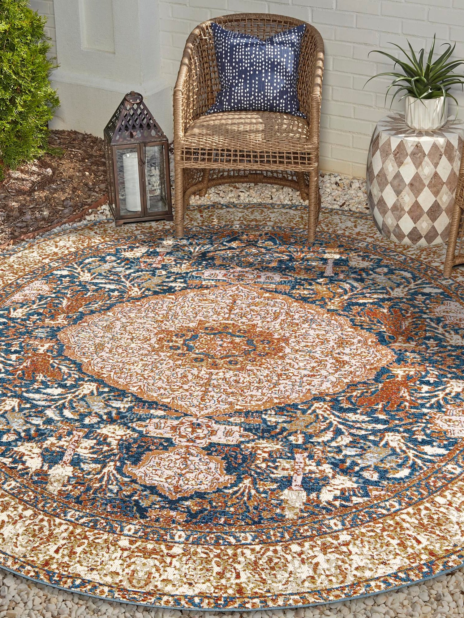 Navy Blue and Light Pink 6' 1 x 6' 1 Outdoor Traditional Round Area Rug Weather Resistant for Patio, Deck, Terrace, Balcony, Porch Classical Design Outside Carpet for Sale at Rug Engine