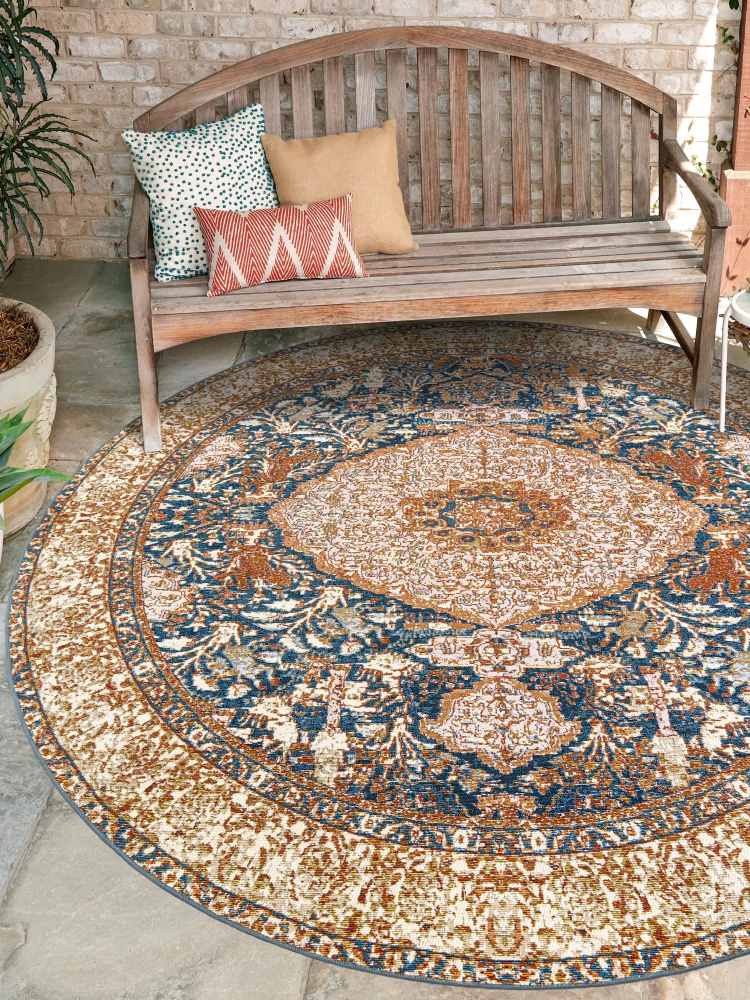 Navy Blue and Light Pink 6' 1 x 6' 1 Outdoor Traditional Round Area Rug Weather Resistant for Patio, Deck, Terrace, Balcony, Porch Classical Design Outside Carpet for Sale at Rug Engine