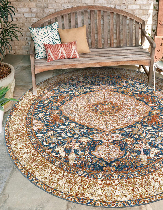 Navy Blue and Light Pink 4' 1 x 4' 1 Outdoor Traditional Round Area Rug Weather Resistant for Patio, Deck, Terrace, Balcony, Porch