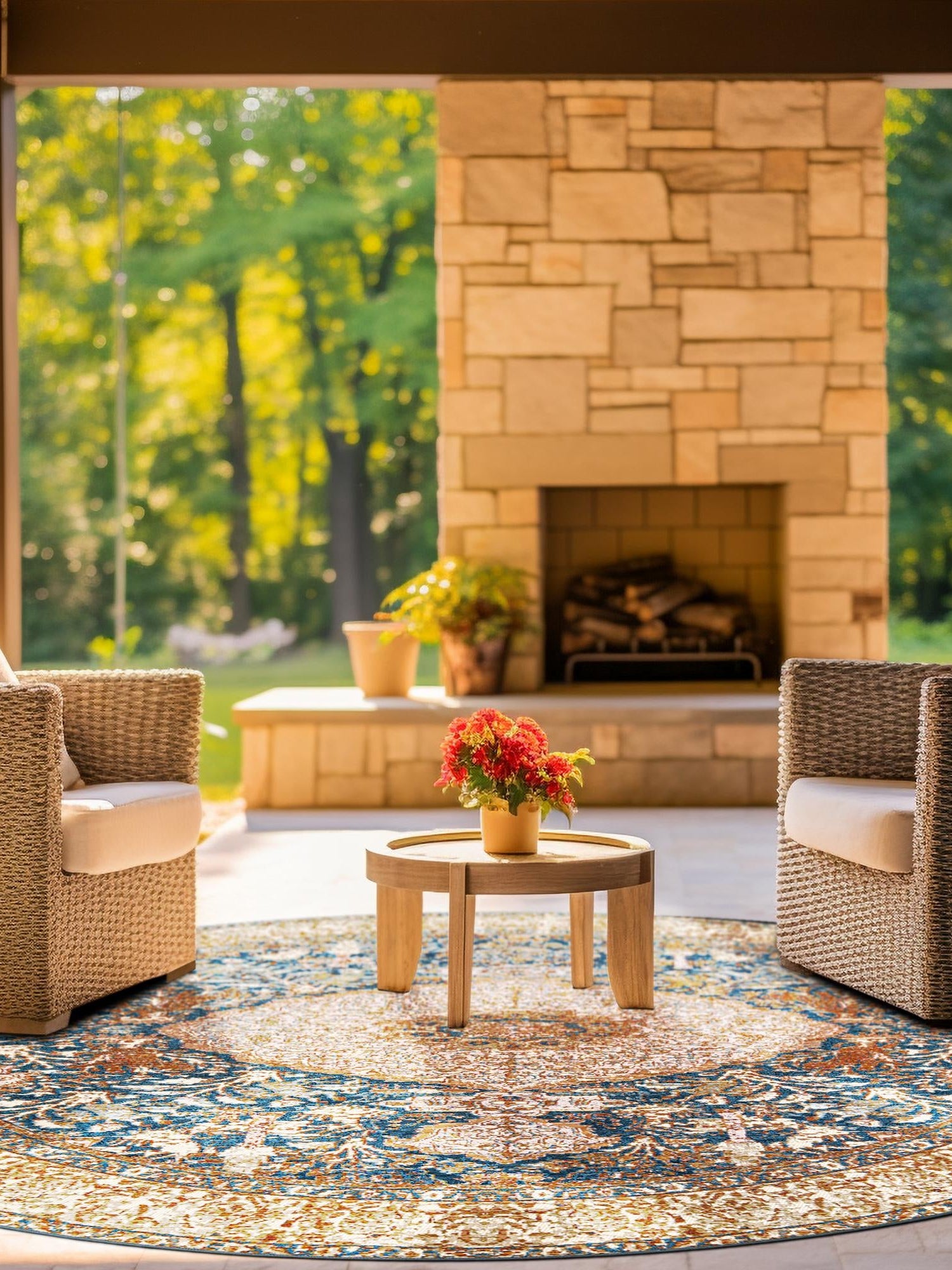 Navy Blue and Light Pink 6' 1 x 6' 1 Outdoor Traditional Round Area Rug Weather Resistant for Patio, Deck, Terrace, Balcony, Porch Classical Design Outside Carpet for Sale at Rug Engine