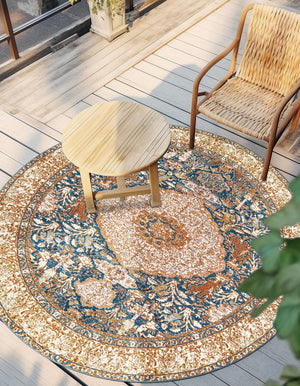 Navy Blue and Light Pink 4' 1 x 4' 1 Outdoor Traditional Round Area Rug Weather Resistant for Patio, Deck, Terrace, Balcony, Porch