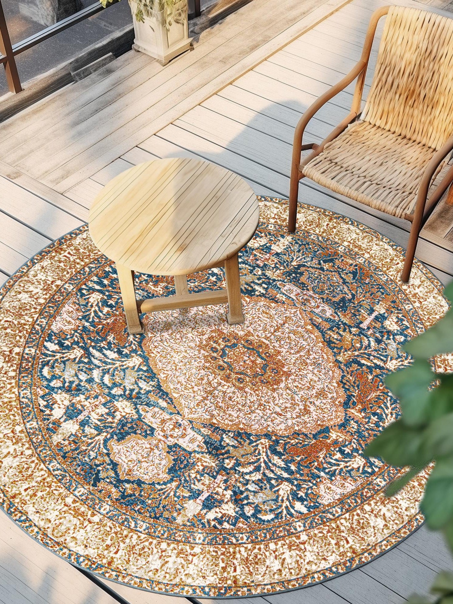 Navy Blue and Light Pink 3' 1 x 3' 1 Outdoor Traditional Round Area Rug Weather Resistant for Patio, Deck, Terrace, Balcony, Porch Classical Design Outside Carpet for Sale at Rug Engine