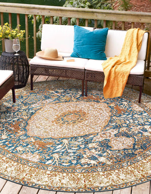 Navy Blue and Light Pink 4' 1 x 4' 1 Outdoor Traditional Round Area Rug Weather Resistant for Patio, Deck, Terrace, Balcony, Porch