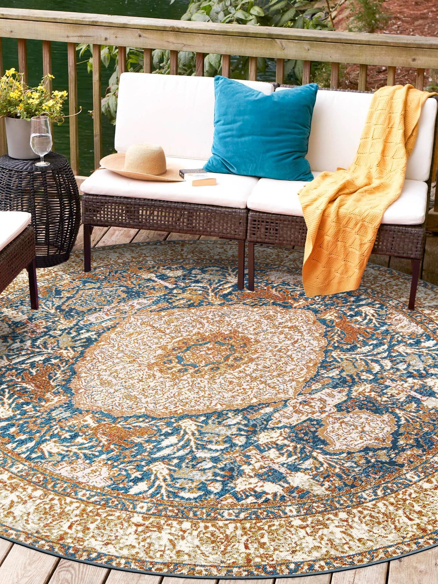 Navy Blue and Light Pink 3' 1 x 3' 1 Outdoor Traditional Round Area Rug Weather Resistant for Patio, Deck, Terrace, Balcony, Porch Classical Design Outside Carpet for Sale at Rug Engine