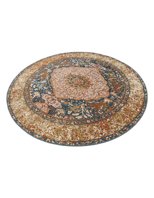 Navy Blue and Light Pink 6' 1 x 6' 1 Outdoor Traditional Round Area Rug Weather Resistant for Patio, Deck, Terrace, Balcony, Porch Classical Design Outside Carpet for Sale at Rug Engine