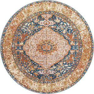 Navy Blue and Light Pink 6' 1 x 6' 1 Outdoor Traditional Round Area Rug Weather Resistant for Patio, Deck, Terrace, Balcony, Porch Classical Design Outside Carpet for Sale at Rug Engine