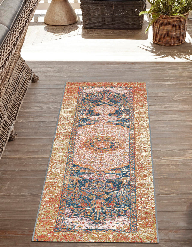 Navy Blue and Light Pink 2' 7 x 12' Outdoor Traditional Runner Area Rug Weather Resistant for Patio, Deck, Terrace, Balcony, Porch Classical Design Outside Carpet for Sale at Rug Engine