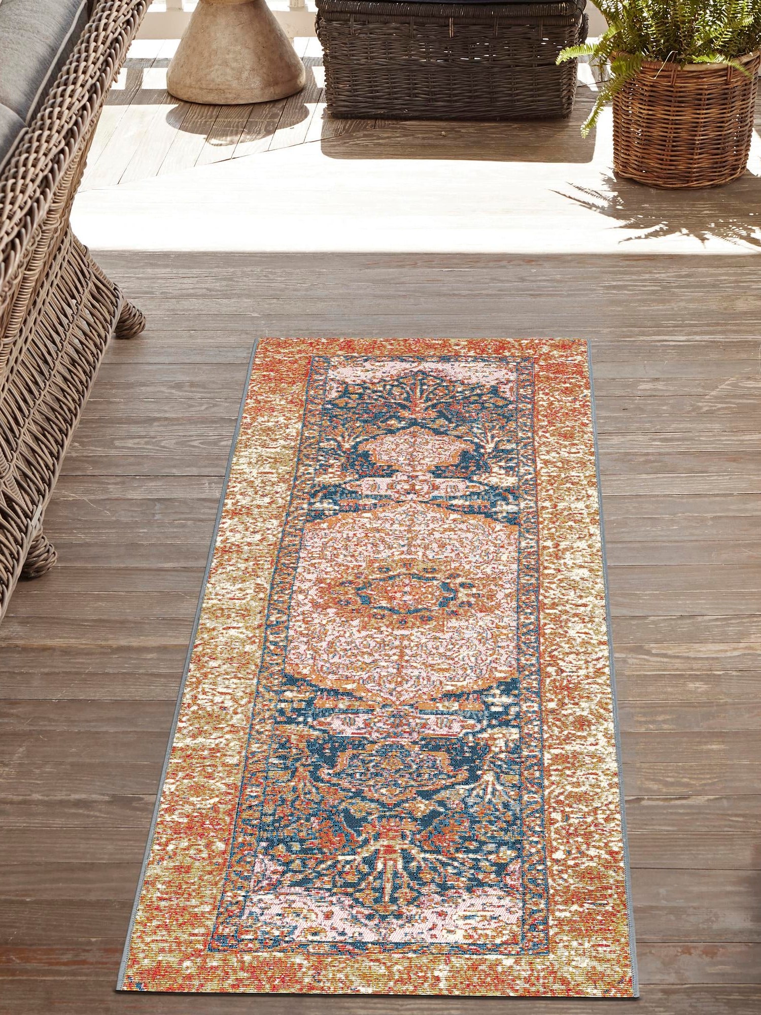 Navy Blue and Light Pink 2' x 8' Outdoor Traditional Runner Area Rug Weather Resistant for Patio, Deck, Terrace, Balcony, Porch Classical Design Outside Carpet for Sale at Rug Engine