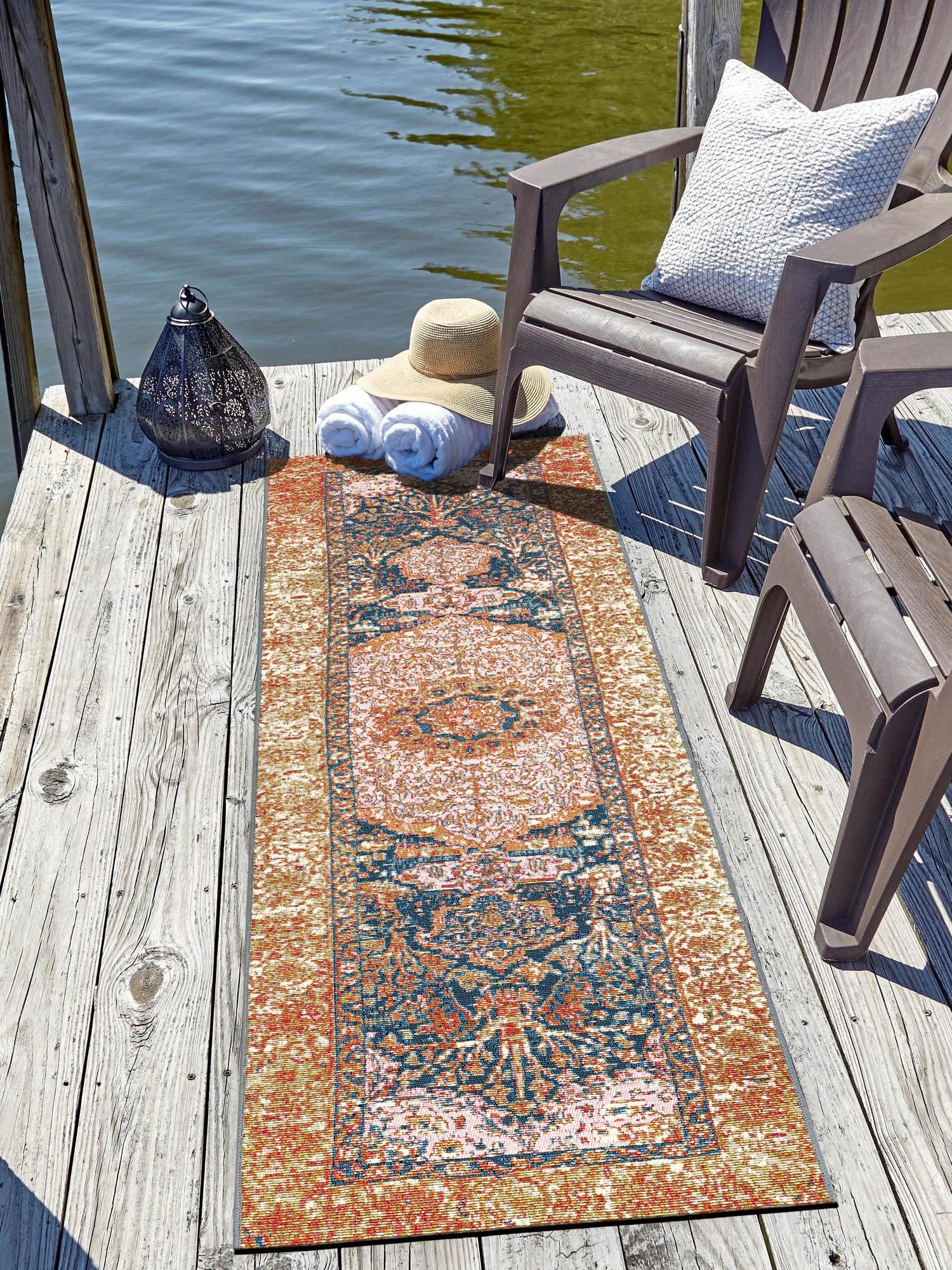 Navy Blue and Light Pink 2' 7 x 10' Outdoor Traditional Runner Area Rug Weather Resistant for Patio, Deck, Terrace, Balcony, Porch Classical Design Outside Carpet for Sale at Rug Engine
