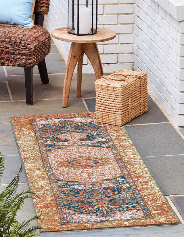 Navy Blue and Light Pink 2' 7 x 12' Outdoor Traditional Runner Area Rug Weather Resistant for Patio, Deck, Terrace, Balcony, Porch Classical Design Outside Carpet for Sale at Rug Engine