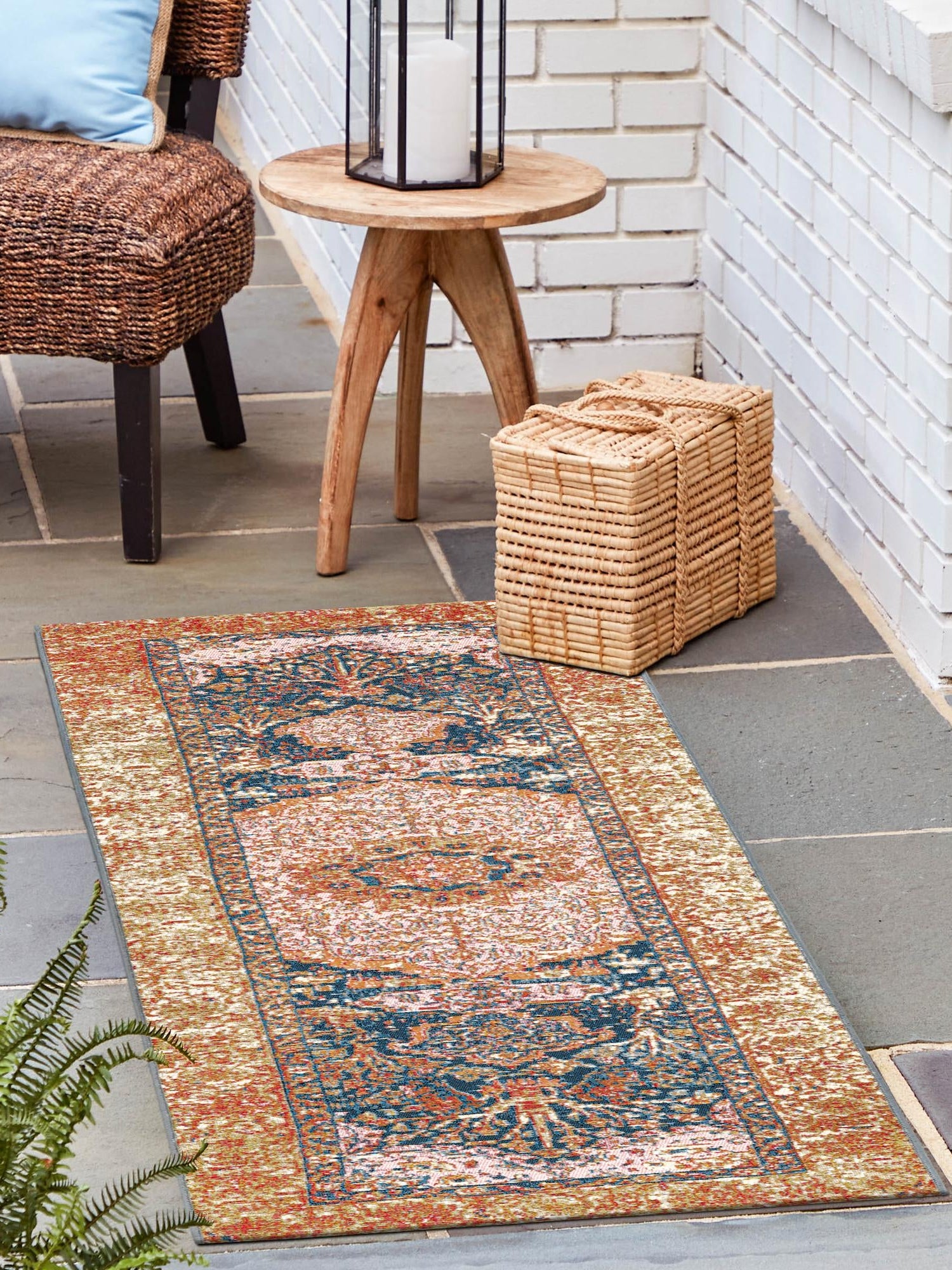 Navy Blue and Light Pink 2' x 6' 1 Outdoor Traditional Runner Area Rug Weather Resistant for Patio, Deck, Terrace, Balcony, Porch Classical Design Outside Carpet for Sale at Rug Engine
