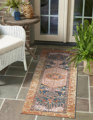 Navy Blue and Light Pink 2' 7 x 12' Outdoor Traditional Runner Area Rug Weather Resistant for Patio, Deck, Terrace, Balcony, Porch Classical Design Outside Carpet for Sale at Rug Engine