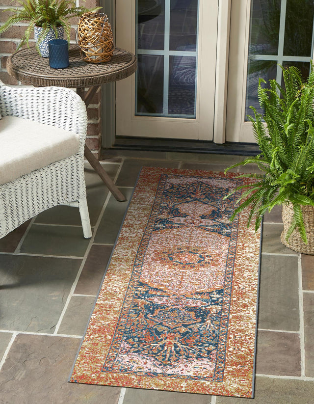 Navy Blue and Light Pink 2' x 6' 1 Outdoor Traditional Runner Area Rug Weather Resistant for Patio, Deck, Terrace, Balcony, Porch Classical Design Outside Carpet for Sale at Rug Engine
