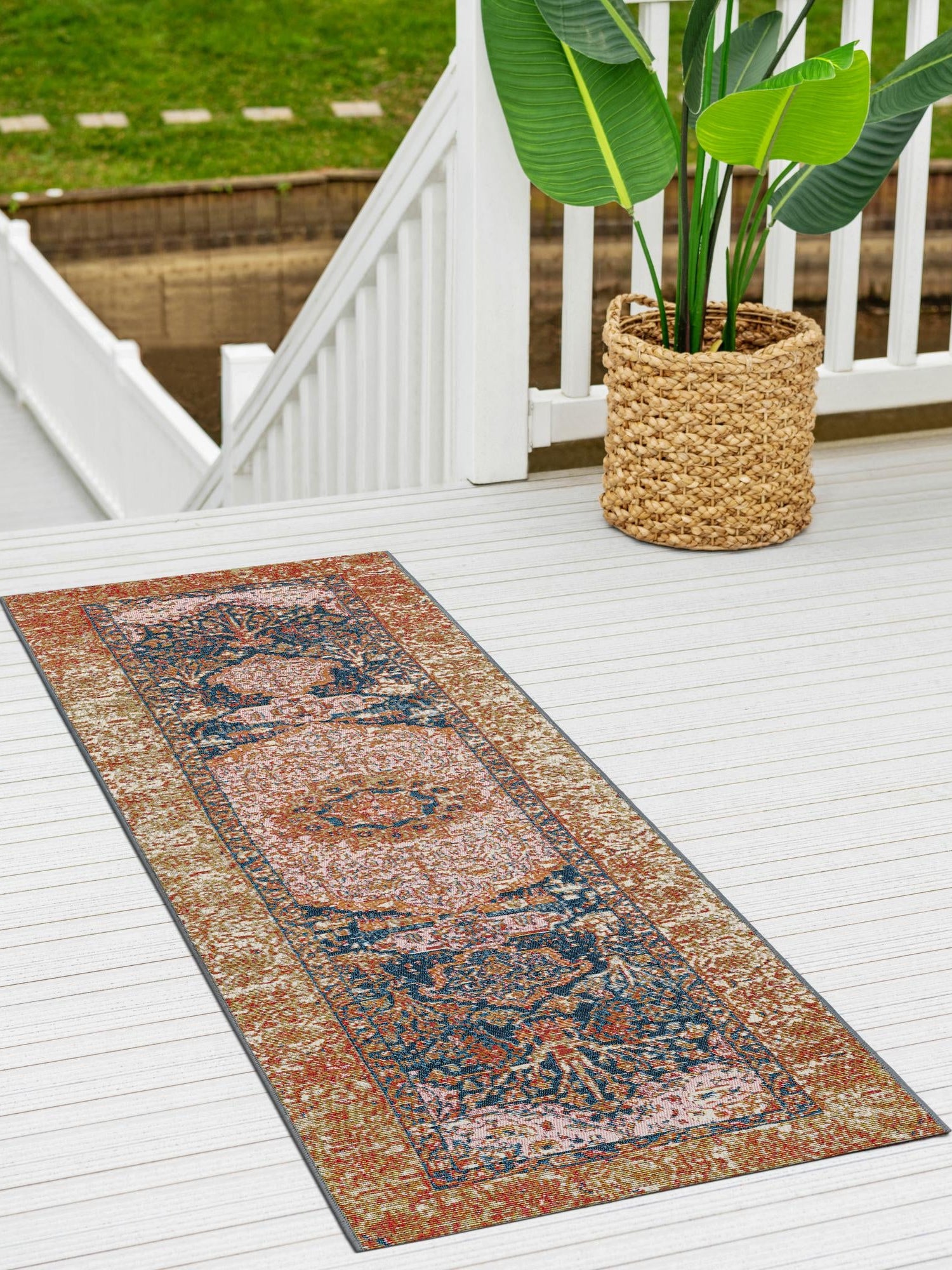 Navy Blue and Light Pink 2' x 6' 1 Outdoor Traditional Runner Area Rug Weather Resistant for Patio, Deck, Terrace, Balcony, Porch Classical Design Outside Carpet for Sale at Rug Engine