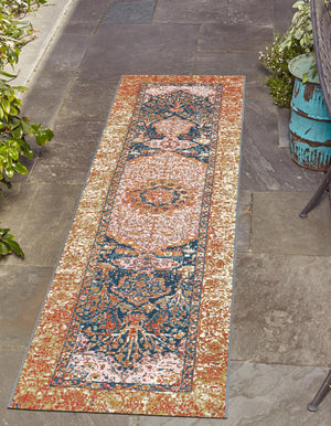 Navy Blue and Light Pink 2' 7 x 12' Outdoor Traditional Runner Area Rug Weather Resistant for Patio, Deck, Terrace, Balcony, Porch Classical Design Outside Carpet for Sale at Rug Engine
