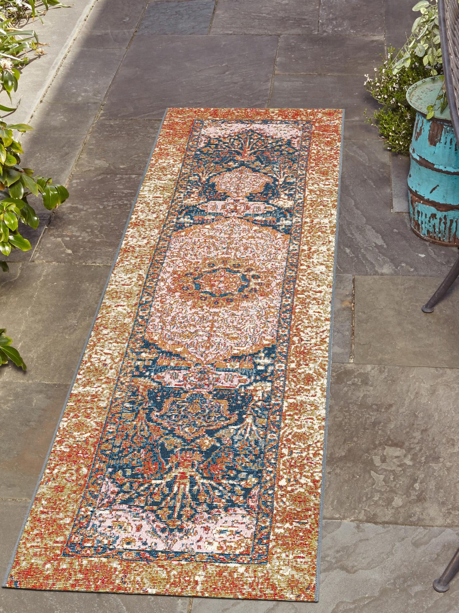 Navy Blue and Light Pink 2' x 8' Outdoor Traditional Runner Area Rug Weather Resistant for Patio, Deck, Terrace, Balcony, Porch Classical Design Outside Carpet for Sale at Rug Engine