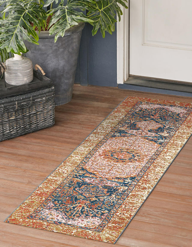 Navy Blue and Light Pink 2' x 5' 1 Outdoor Traditional Runner Rug