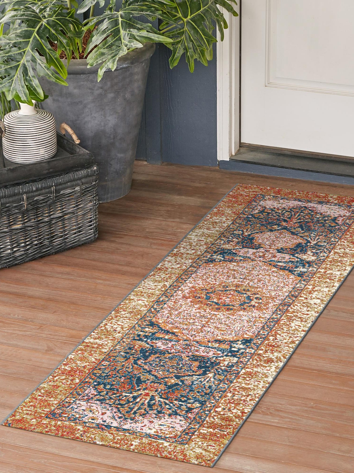 Navy Blue and Light Pink 2' 7 x 10' Outdoor Traditional Runner Area Rug Weather Resistant for Patio, Deck, Terrace, Balcony, Porch Classical Design Outside Carpet for Sale at Rug Engine
