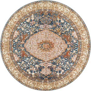 Navy Blue and Light Pink 7' 10 x 7' 10 Outdoor Traditional Round Area Rug Weather Resistant for Patio, Deck, Terrace, Balcony, Porch Classical Design Outside Carpet for Sale at Rug Engine