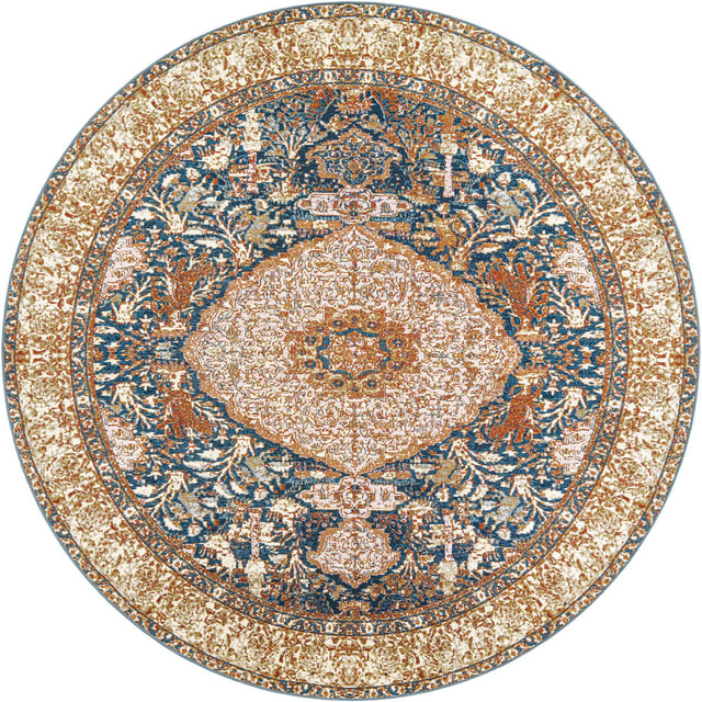 Navy Blue and Light Pink 7' 10 x 7' 10 Outdoor Traditional Round Area Rug Weather Resistant for Patio, Deck, Terrace, Balcony, Porch Classical Design Outside Carpet for Sale at Rug Engine