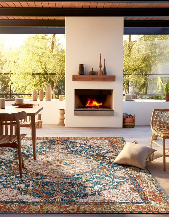 Navy Blue and Light Pink 10' x 10' Outdoor Traditional Square Area Rug Weather Resistant for Patio, Deck, Terrace, Balcony, Porch Classical Design Outside Carpet for Sale at Rug Engine