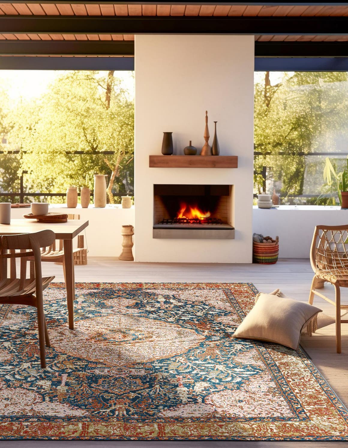 Navy Blue and Light Pink 7' 10 x 7' 10 Outdoor Traditional Square Area Rug Weather Resistant for Patio, Deck, Terrace, Balcony, Porch Classical Design Outside Carpet for Sale at Rug Engine