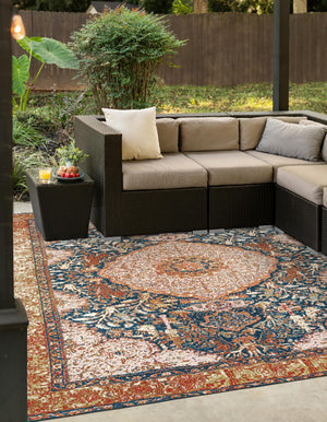 Navy Blue and Light Pink 8' x 8' Outdoor Traditional Square Rug