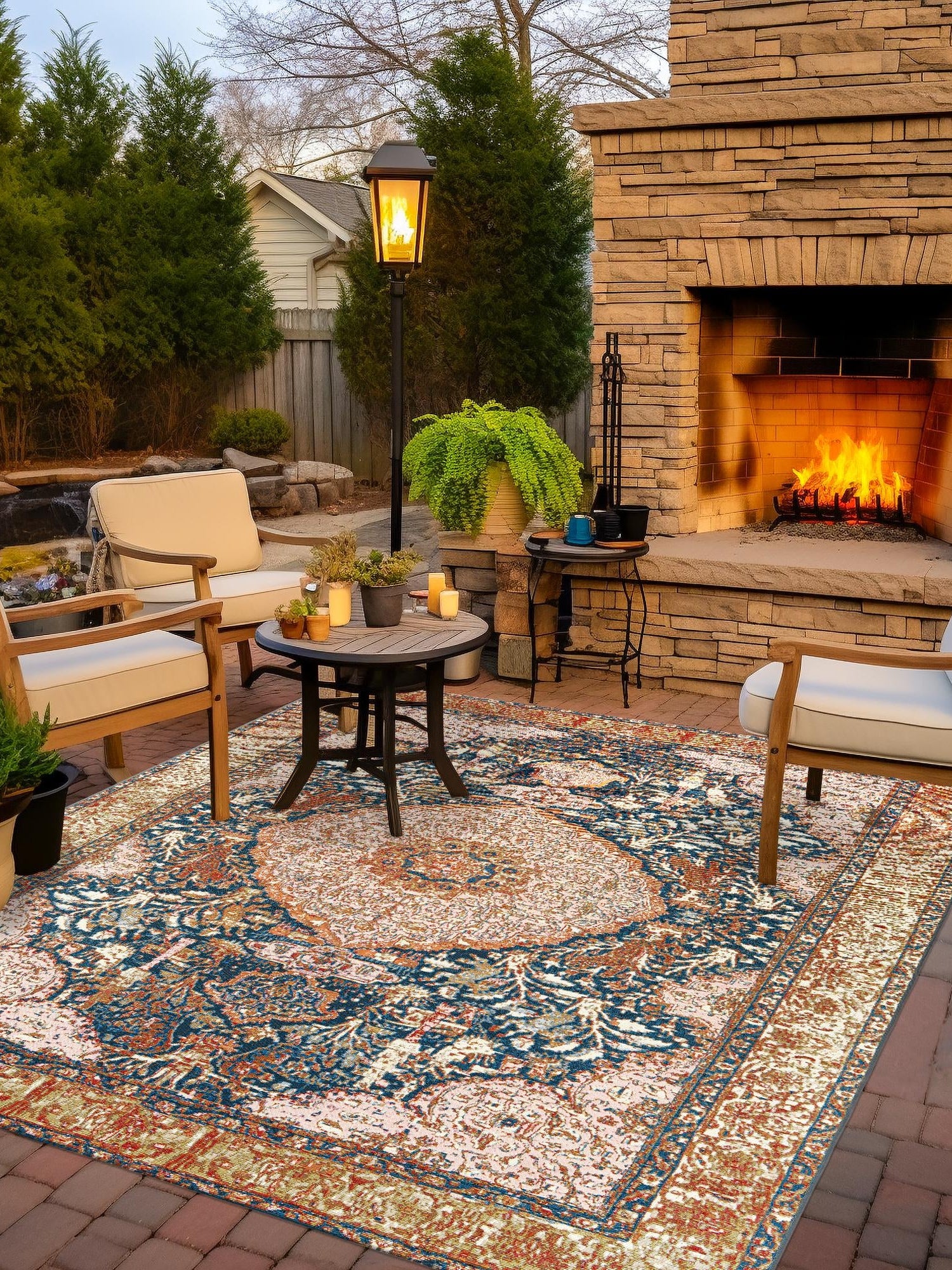 Navy Blue and Light Pink 7' 10 x 7' 10 Outdoor Traditional Square Area Rug Weather Resistant for Patio, Deck, Terrace, Balcony, Porch Classical Design Outside Carpet for Sale at Rug Engine