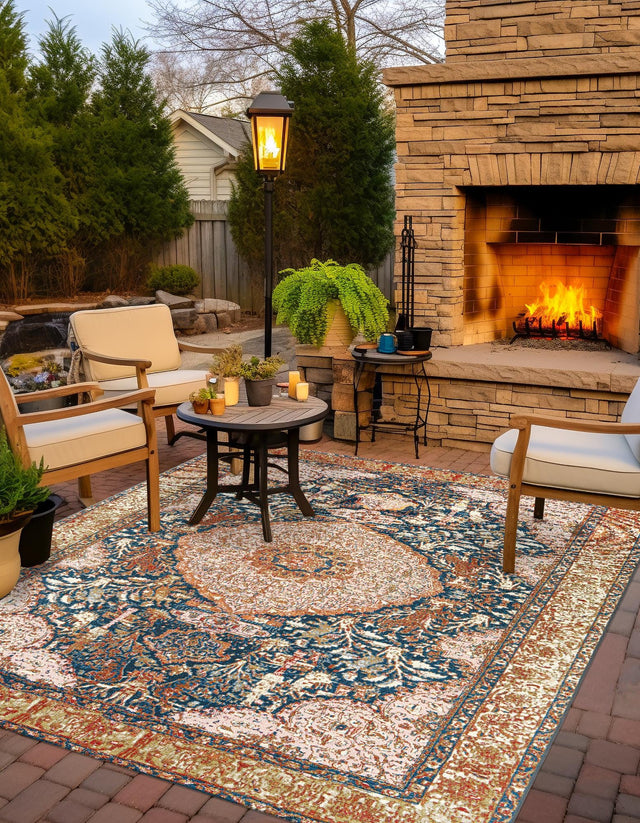 Navy Blue and Light Pink 8' x 8' Outdoor Traditional Square Rug