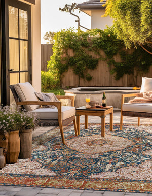 Navy Blue and Light Pink 10' x 10' Outdoor Traditional Square Area Rug Weather Resistant for Patio, Deck, Terrace, Balcony, Porch Classical Design Outside Carpet for Sale at Rug Engine