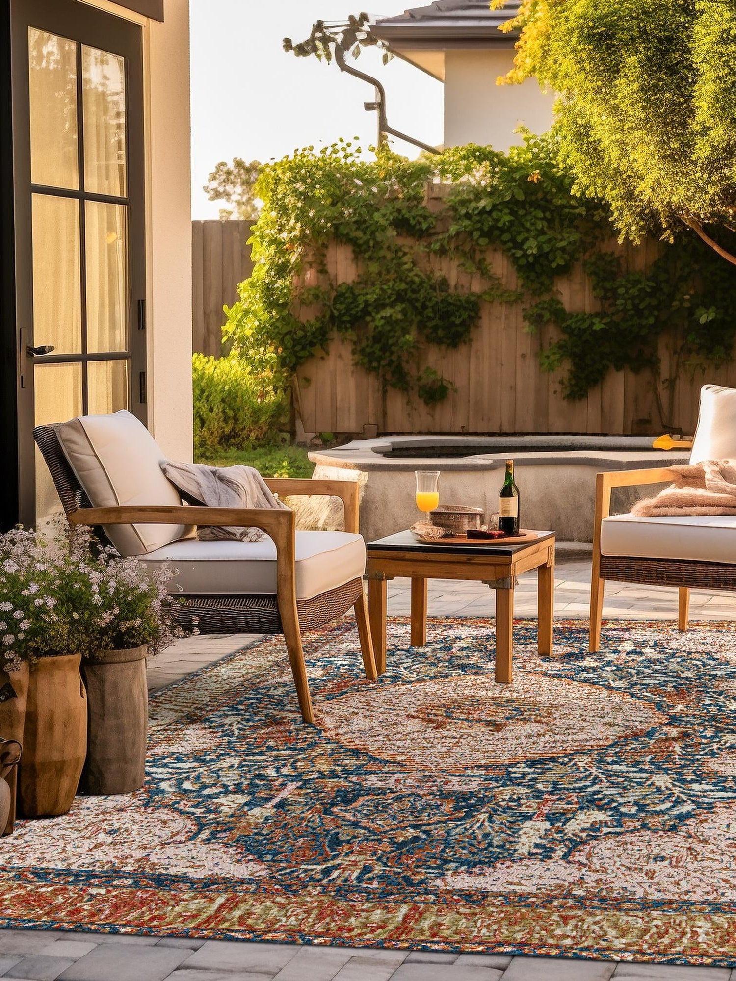 Navy Blue and Light Pink 7' 10 x 7' 10 Outdoor Traditional Square Area Rug Weather Resistant for Patio, Deck, Terrace, Balcony, Porch Classical Design Outside Carpet for Sale at Rug Engine
