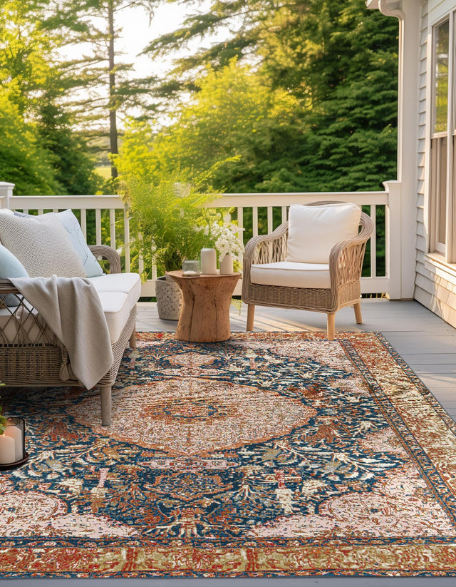 Navy Blue and Light Pink 8' x 8' Outdoor Traditional Square Rug
